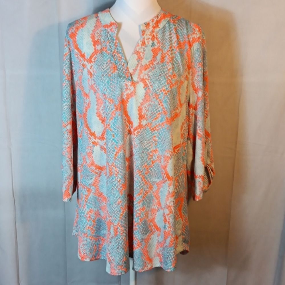 Vibrant Coral and Aqua Patterned Blouse